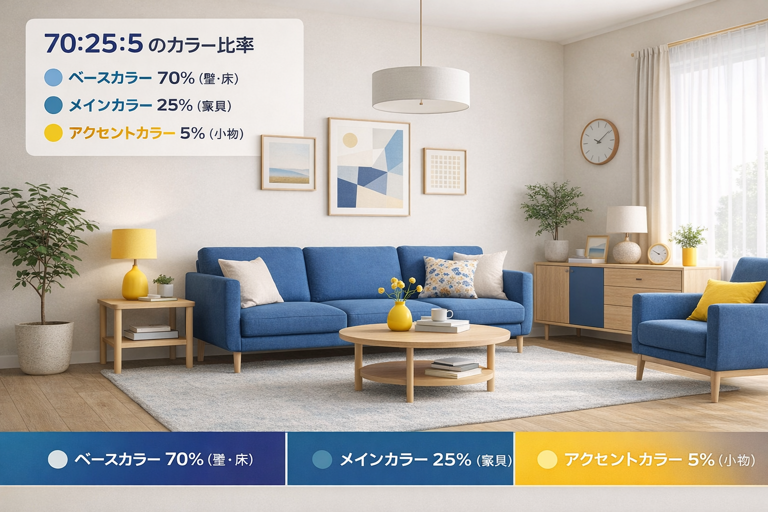 部屋の配色黄金比 70：25：5 のグラフ